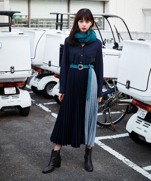 最大12 Offクーポン シャツ衿バイカラープリーツワンピース 無料配達