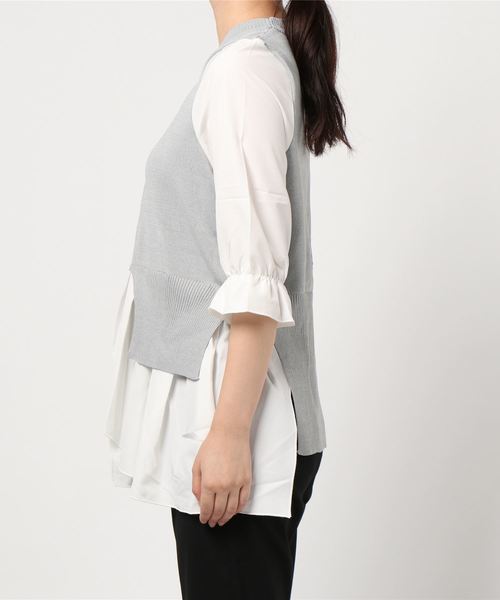 INTERPLANET(インタープラネット)の「異素材切替ペプラム5分袖プルオーバー(ニット/セーター・レディース・ネイビー/グレー/ブラック・FREE)」の4枚目の写真