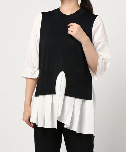 INTERPLANET(インタープラネット)の「異素材切替ペプラム5分袖プルオーバー(ニット/セーター・レディース・ネイビー/グレー/ブラック・FREE)」の6枚目の写真