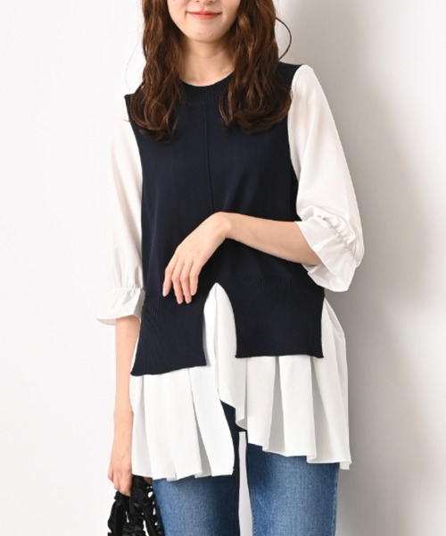 INTERPLANET(インタープラネット)の「異素材切替ペプラム5分袖プルオーバー(ニット/セーター・レディース・ネイビー/グレー/ブラック・FREE)」の8枚目の写真