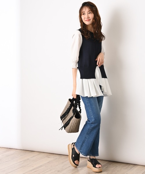 INTERPLANET(インタープラネット)の「異素材切替ペプラム5分袖プルオーバー(ニット/セーター・レディース・ネイビー/グレー/ブラック・FREE)」の14枚目の写真