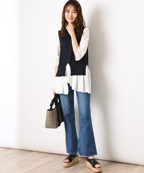 INTERPLANET(インタープラネット)の「異素材切替ペプラム5分袖プルオーバー(ニット/セーター・レディース・ネイビー/グレー/ブラック・FREE)」の13枚目の写真