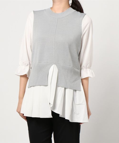 INTERPLANET(インタープラネット)の「異素材切替ペプラム5分袖プルオーバー(ニット/セーター・レディース・ネイビー/グレー/ブラック・FREE)」の7枚目の写真