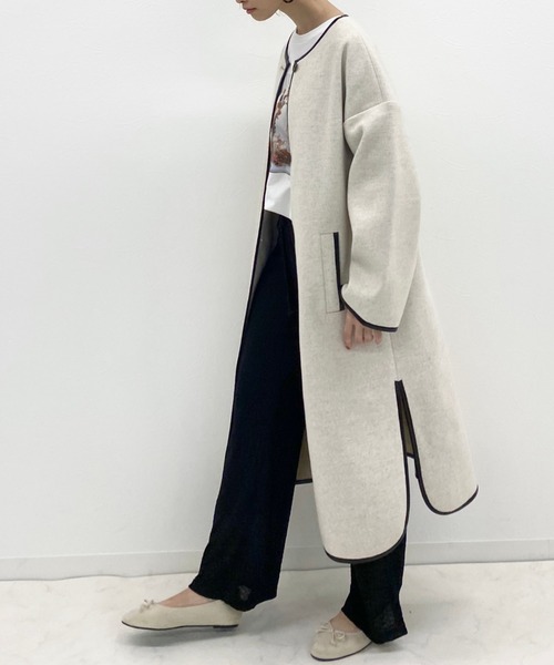 archives（アルシーヴ）の「ダブルフェイスパイピングコート（ノーカラーコート・レディース・ベージュ/アイボリー/モカ・MEDIUM）」の7枚目の写真
