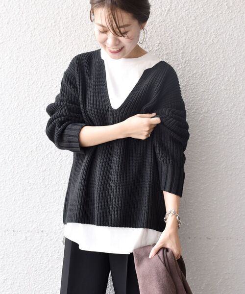SHIPS(シップス)の「【WEB限定】【手洗い可能】スキッパーニット×ロンTセット◆(ニット/セーター)」|ブラック