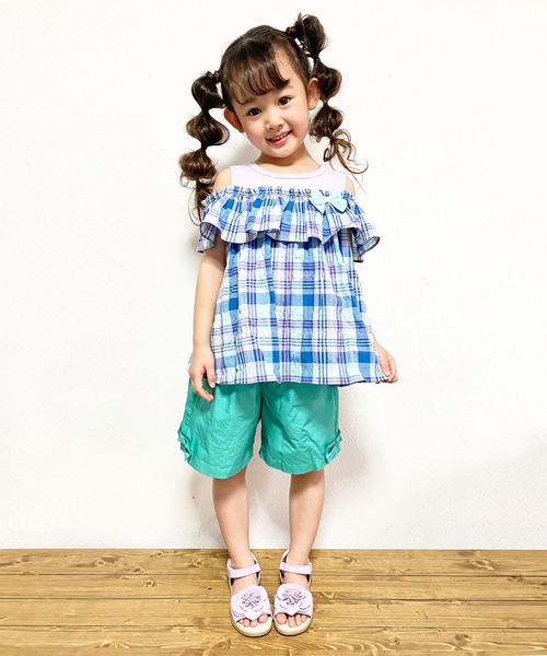 KP（ケーピー）の「シャーリングチェックオフショルダーチュニック(100-130cm)（チュニック・キッズ・オレンジ/ブルー系その他・110cm/120cm/130cm/100cm）」の9枚目の写真