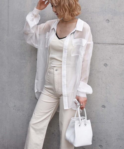 SPIRALGIRL（スパイラルガール）の「シアーオーバーシャツ（シャツ/ブラウス・レディース・ベージュ/オフホワイト/ピンク/グレー・FREE）」の16枚目の写真