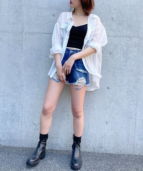 SPIRALGIRL（スパイラルガール）の「シアーオーバーシャツ（シャツ/ブラウス・レディース・ベージュ/オフホワイト/ピンク/グレー・FREE）」の7枚目の写真