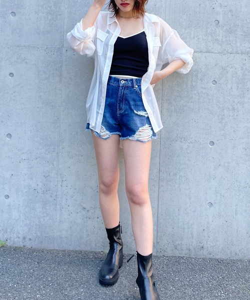 SPIRALGIRL（スパイラルガール）の「シアーオーバーシャツ（シャツ/ブラウス・レディース・ベージュ/オフホワイト/ピンク/グレー・FREE）」の9枚目の写真