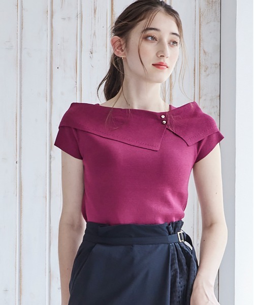 12Twelve Agenda(トゥエルブ アジェンダ)の「アシメオフショルフレンチスリーブニットプルオーバー(ニット/セーター・レディース・ベージュ/ミント/ブラック/オフホワイト/ワインレッド・M)」の5枚目の写真