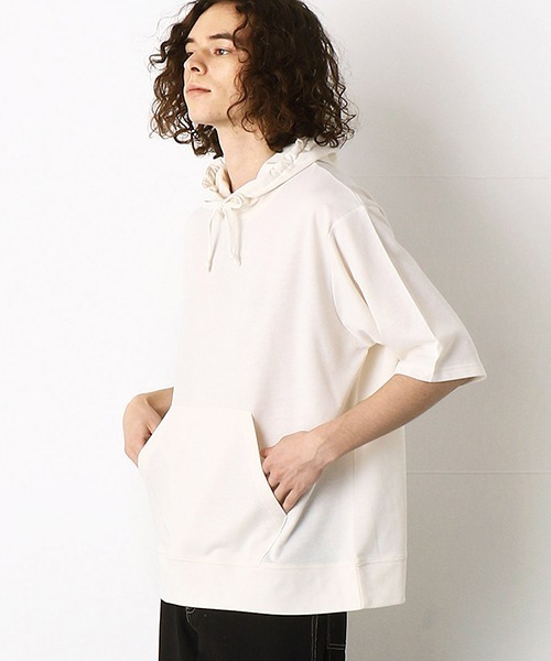 Purple&Yellow（パープルアンドイエロー）の「5分袖　プルオーバーパーカ（パーカー・メンズ・ホワイト/ブラック/アイボリー/グレイッシュベージュ・SMALL/MEDIUM/LARGE/X-LARGE）」の13枚目の写真