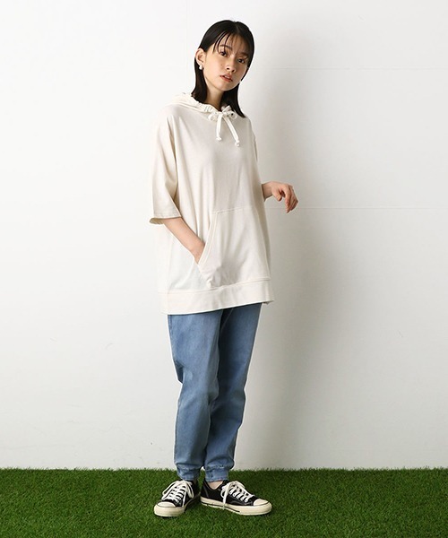 Purple&Yellow（パープルアンドイエロー）の「5分袖　プルオーバーパーカ（パーカー・メンズ・ホワイト/ブラック/アイボリー/グレイッシュベージュ・SMALL/MEDIUM/LARGE/X-LARGE）」の10枚目の写真