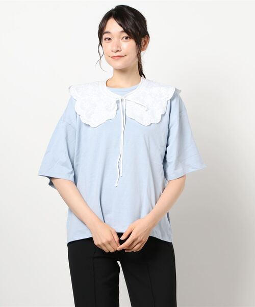 ehka sopo(エヘカソポ)の「付け衿付きビッグシルエットTシャツ(Tシャツ/カットソー・レディース・サックスブルー/オフホワイト/ブラック・フリ-)」の7枚目の写真