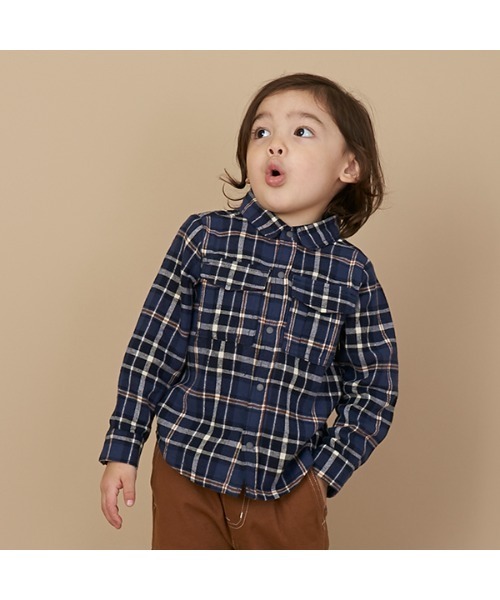 petit main(プティマイン)の「【リンク】チェックシャツ(シャツ/ブラウス・キッズ・ネイビー/イエロー・100cm/110cm/120cm/130cm/90cm/80cm)」の2枚目の写真
