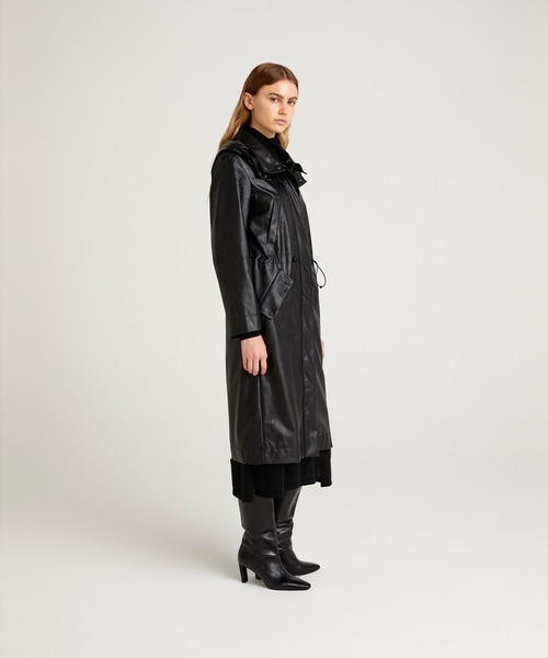 SISLEY（シスレー）の「フェイクレザーフード付きスタンドカラーロングコート（トレンチコート・レディース・ブラック・40/42/44/38）」の3枚目の写真