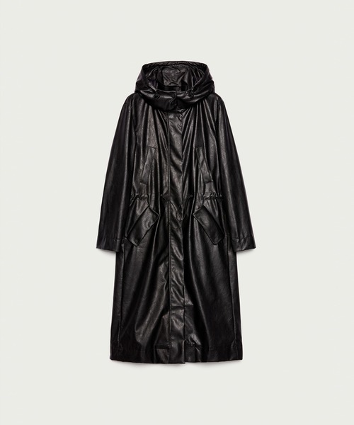 SISLEY（シスレー）の「フェイクレザーフード付きスタンドカラーロングコート（トレンチコート・レディース・ブラック・40/42/44/38）」の6枚目の写真