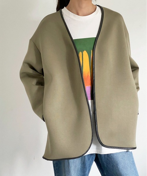 ottilie（オティーリエ）の「パイピングボンディングジャケット（ノーカラージャケット・レディース・カーキ/グレー/ナチュラル・FREE）」の16枚目の写真