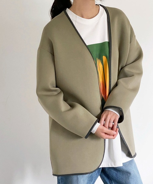 ottilie（オティーリエ）の「パイピングボンディングジャケット（ノーカラージャケット・レディース・カーキ/グレー/ナチュラル・FREE）」の18枚目の写真