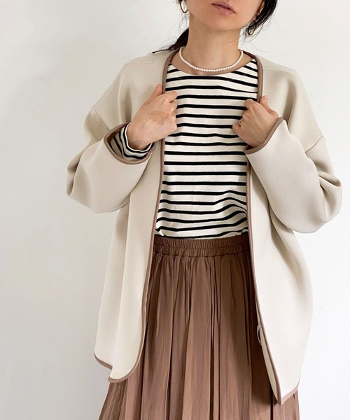 ottilie（オティーリエ）の「パイピングボンディングジャケット（ノーカラージャケット・レディース・カーキ/グレー/ナチュラル・FREE）」の12枚目の写真