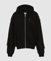 DISTRESSED KNIT MESHING LAYERED HOODIE JACKET