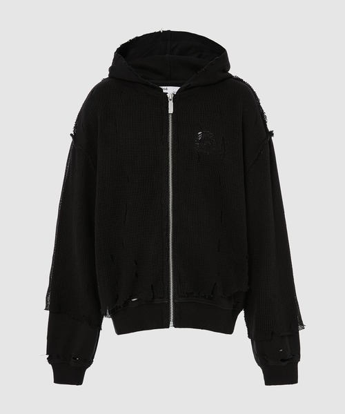 C2H4(シーツーエイチフォー)の「DISTRESSED KNIT MESHING LAYERED HOODIE JACKET(その他アウター・メンズ・ブラック・M/L)」の1枚目の写真