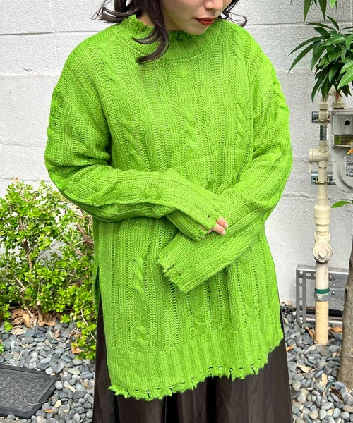 byYOUANCE（バイユアンス）の「ダメージシアールーズニット（ニット/セーター・レディース・パープル/ホワイト/ブラック/グリーン・FREE）」の4枚目の写真