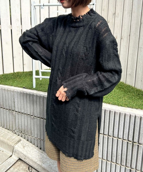 byYOUANCE（バイユアンス）の「ダメージシアールーズニット（ニット/セーター・レディース・パープル/ホワイト/ブラック/グリーン・FREE）」の3枚目の写真