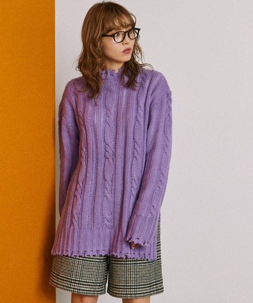 byYOUANCE（バイユアンス）の「ダメージシアールーズニット（ニット/セーター・レディース・パープル/ホワイト/ブラック/グリーン・FREE）」の11枚目の写真