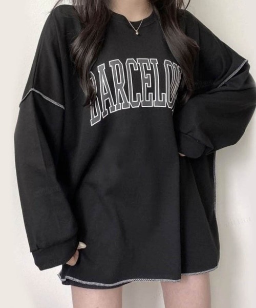 Dalfwin(ダールフィン)の「韓国ファッションBARCELONAカレッジロゴオーバーサイズスウェット(スウェット・レディース・チャコールグレー/グレー/ブラック/グレー系その他2/グレー系その他/ブラック系その他・FREE)」の7枚目の写真