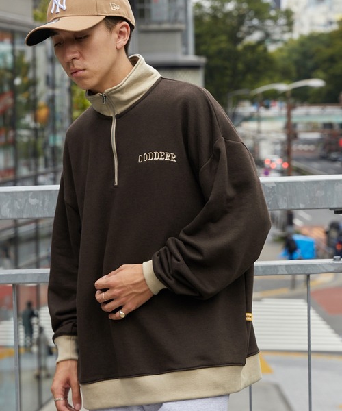 セール】【CODDERR】ハーフジップ ロゴ刺繍 裏毛 ビッグ