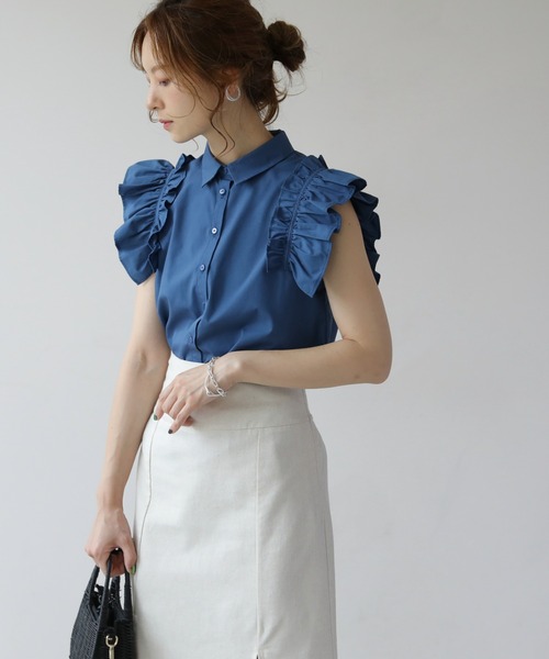 frames RAY CASSIN（フレームスレイカズン）の「WEB限定．袖フリルノースリブラウス（シャツ/ブラウス・レディース・ブラック/ブルー/オフホワイト・FREE）」の10枚目の写真