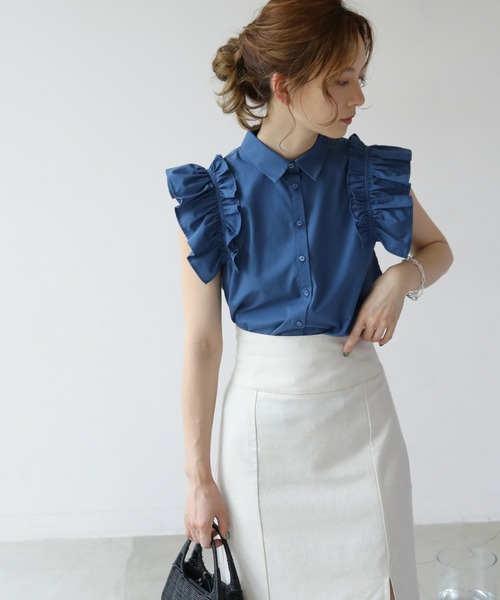 frames RAY CASSIN（フレームスレイカズン）の「WEB限定．袖フリルノースリブラウス（シャツ/ブラウス・レディース・ブラック/ブルー/オフホワイト・FREE）」の12枚目の写真