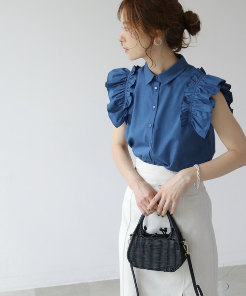 frames RAY CASSIN（フレームスレイカズン）の「WEB限定．袖フリルノースリブラウス（シャツ/ブラウス・レディース・ブラック/ブルー/オフホワイト・FREE）」の13枚目の写真