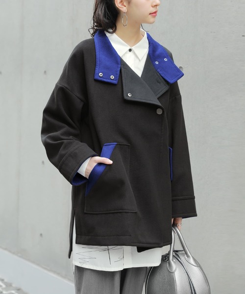 osharewalker（オシャレウォーカー）の「【廃盤】『スタンドカラー配色メルトンコート』（その他アウター・レディース・ブラック・FREE）」の12枚目の写真