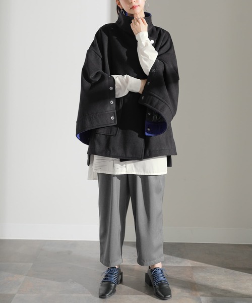 osharewalker（オシャレウォーカー）の「【廃盤】『スタンドカラー配色メルトンコート』（その他アウター・レディース・ブラック・FREE）」の13枚目の写真
