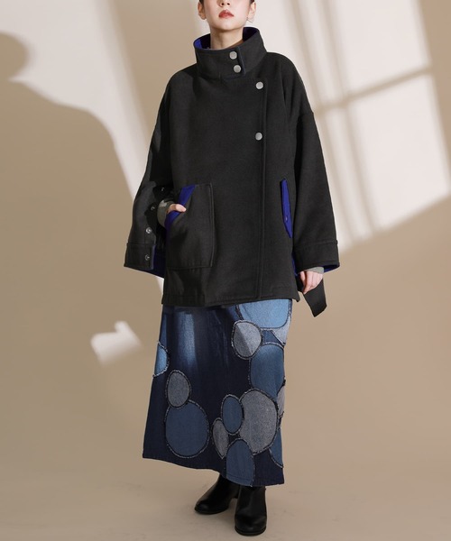 osharewalker（オシャレウォーカー）の「【廃盤】『スタンドカラー配色メルトンコート』（その他アウター・レディース・ブラック・FREE）」の2枚目の写真