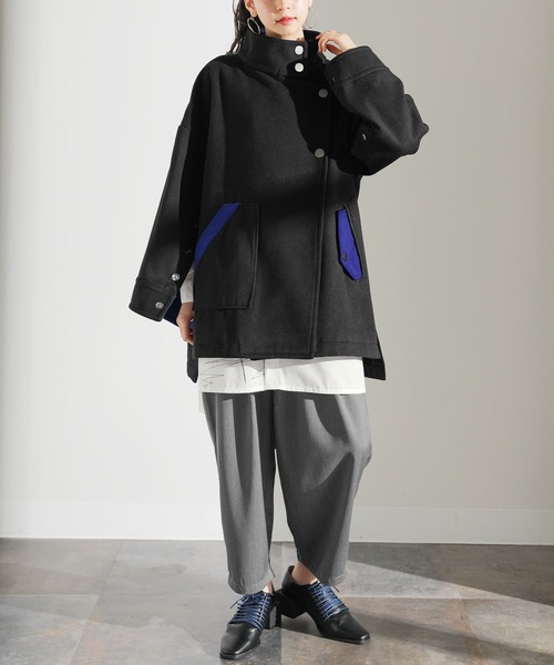 osharewalker（オシャレウォーカー）の「【廃盤】『スタンドカラー配色メルトンコート』（その他アウター・レディース・ブラック・FREE）」の5枚目の写真