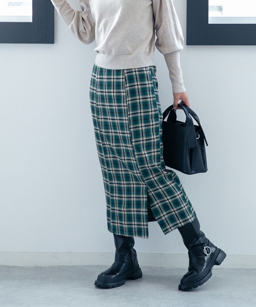 NANO universe（ナノユニバース）の「LB.04/ストレートシルエットチェック柄スカート（スカート・レディース・グリーン/オレンジ/キャメル・FREE）」の2枚目の写真