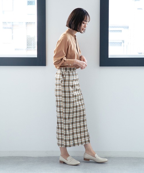 NANO universe（ナノユニバース）の「LB.04/ストレートシルエットチェック柄スカート（スカート・レディース・グリーン/オレンジ/キャメル・FREE）」の4枚目の写真