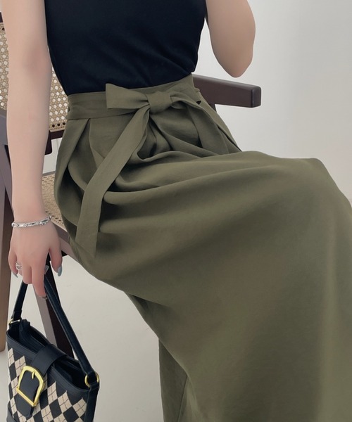 ECLIN（エクラン）の「ウエストリボンワイドシルエットスカパン（その他パンツ・レディース・ブラック/ベージュ/カーキ・S/M）」の4枚目の写真