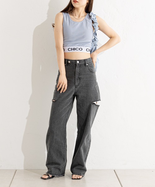 chico デニムセットアップ　ロゴタンクトップ　３点セット♩ Chico デニムジャケット gジャン 「セットアップ対応」ルーズ