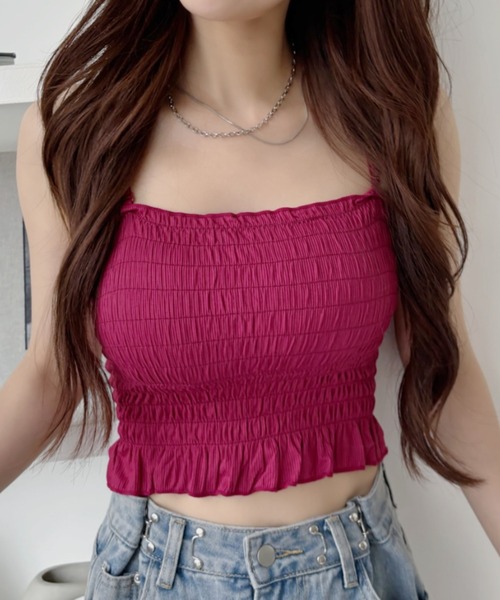 ad thie(アドティエ)の「【1.5万枚突破!】コーデのアクセントに♪ カップ付き シャーリング キャミソール(キャミソール・レディース・カーキ/ブラック/オフホワイト/グレー/ブラウン/レッド・FREE)」の13枚目の写真