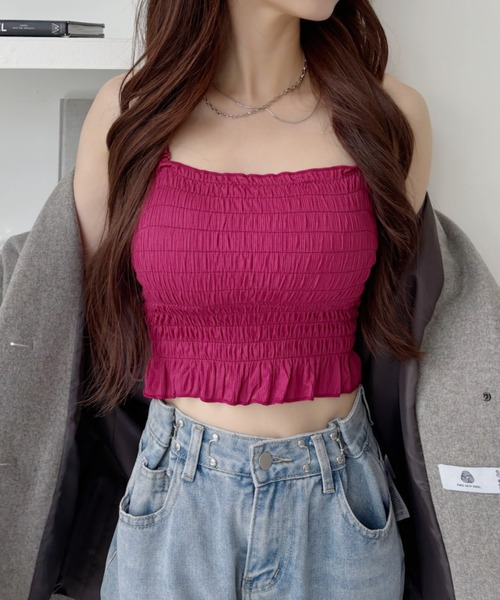 ad thie(アドティエ)の「【1.5万枚突破!】コーデのアクセントに♪ カップ付き シャーリング キャミソール(キャミソール・レディース・カーキ/ブラック/オフホワイト/グレー/ブラウン/レッド・FREE)」の12枚目の写真