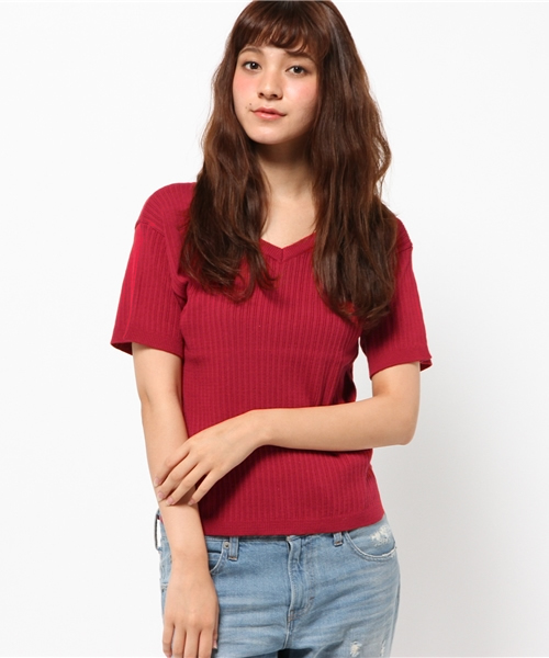 Kastane(カスタネ)の「【Kastane】変形リブスキッパープルオーバー(ニット/セーター・レディース・レッド/アイボリー・FREE)」の1枚目の写真