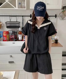 配色ナイロンタッチフレンチトップス&ショートパンツセットアップ
