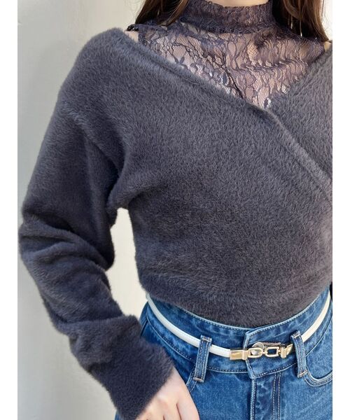 MERCURYDUO(マーキュリーデュオ)の「レースドッキングカシュクールミニシャギーニット(ニット/セーター・レディース・アイボリー/ベージュ/チャコールグレー/パープル・FREE)」の3枚目の写真