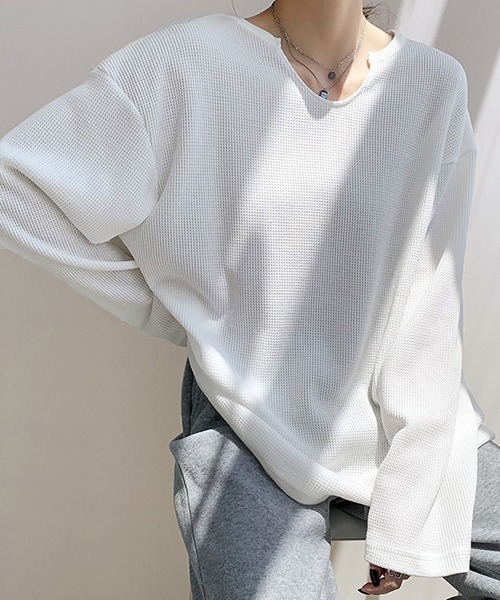 almost ready（オルモストレディー）の「[almost ready]ワッフルロングリラックスTee（Tシャツ/カットソー・レディース・ホワイト/ブラック・MEDIUM）」の3枚目の写真
