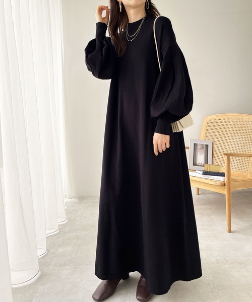 GeeRA(ジーラ)の「パフスリーブフレアーニットワンピース(ワンピース・レディース・ブラック/ネイビー/サンドグレー/杢グレー・MEDIUM/LARGE)」の8枚目の写真