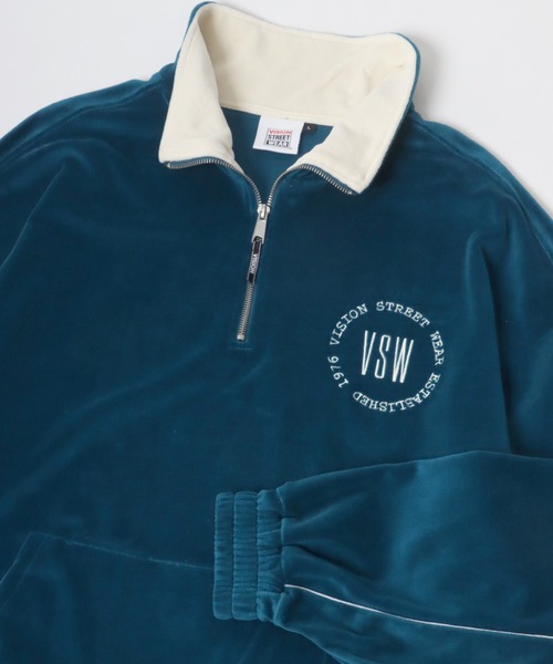 VISION STREET WEAR（ヴィジョンストリートウェア）の「VISION STREET WEAR/ヴィジョンストリートウェア オーバーサイズ ベロア ロゴ ワンポイント刺繍 ハーフジップ スウェット/トレーナー レディース メンズ（スウェット・メンズ・ブルー/アイボリー/ブラック・M/L/LL）」の3枚目の写真