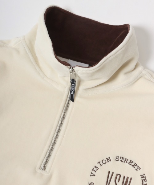 VISION STREET WEAR（ヴィジョンストリートウェア）の「VISION STREET WEAR/ヴィジョンストリートウェア オーバーサイズ ベロア ロゴ ワンポイント刺繍 ハーフジップ スウェット/トレーナー レディース メンズ（スウェット・メンズ・ブルー/アイボリー/ブラック・M/L/LL）」の6枚目の写真